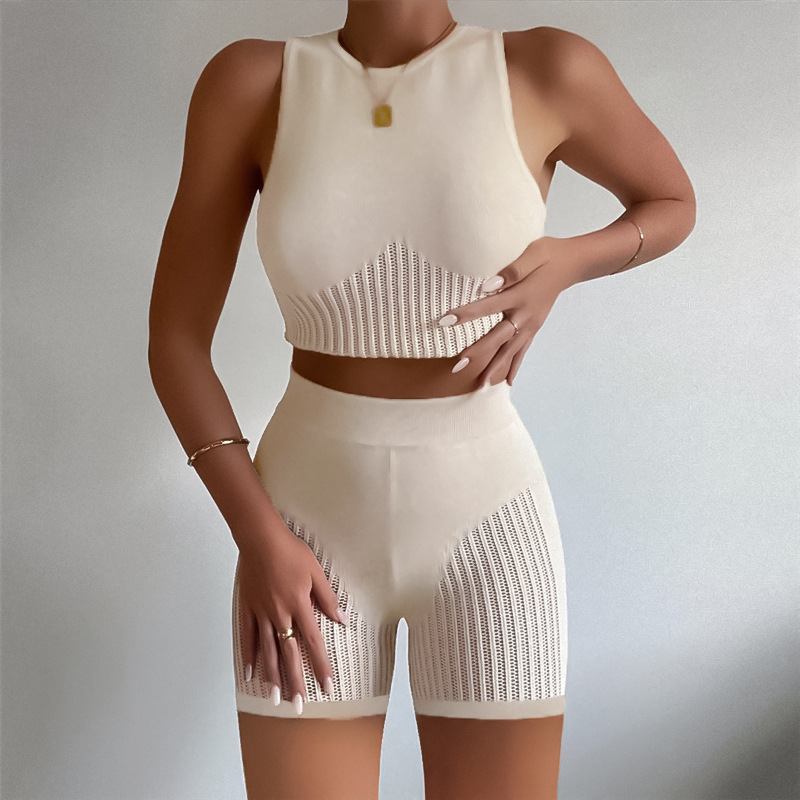 round neck sleeveless tight high waist solid color vest and shorts suit NSMX132194