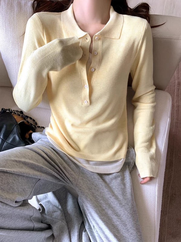 曾小咸黄色polo领假两件拼色长袖针织衫|undefined
