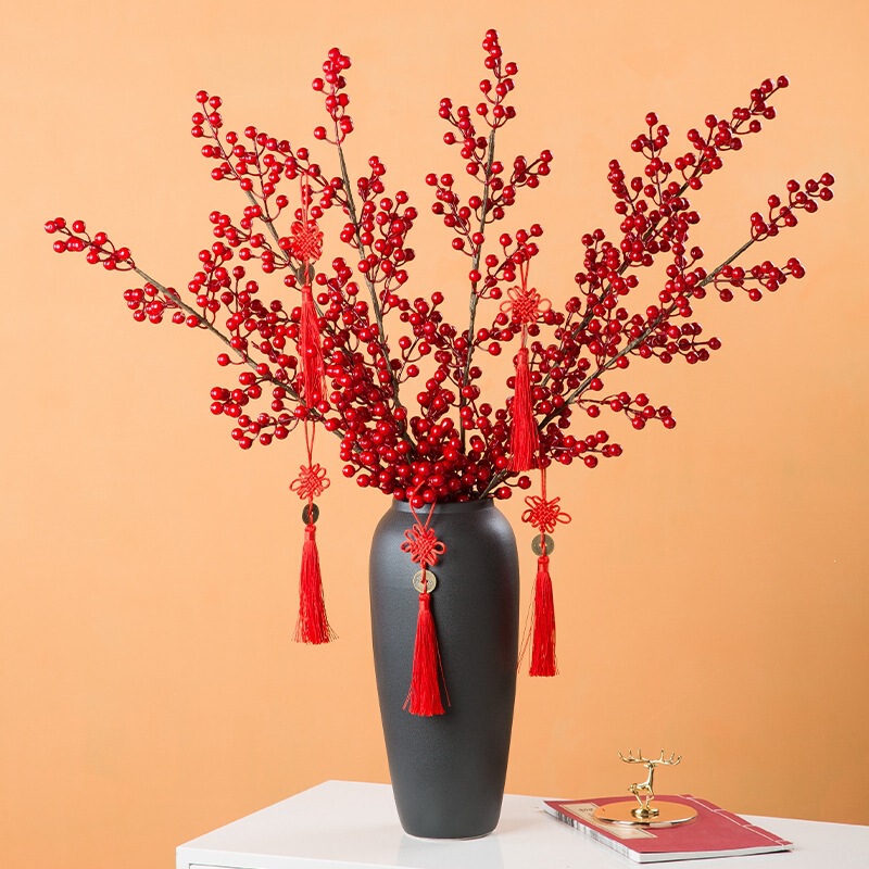 Ceramic Rustic Pottery Vintage Black Pottery Vase Ornament Black Pottery Living Room Silver Willow Floor-Standing Large Holly Dried Flower Arrangement