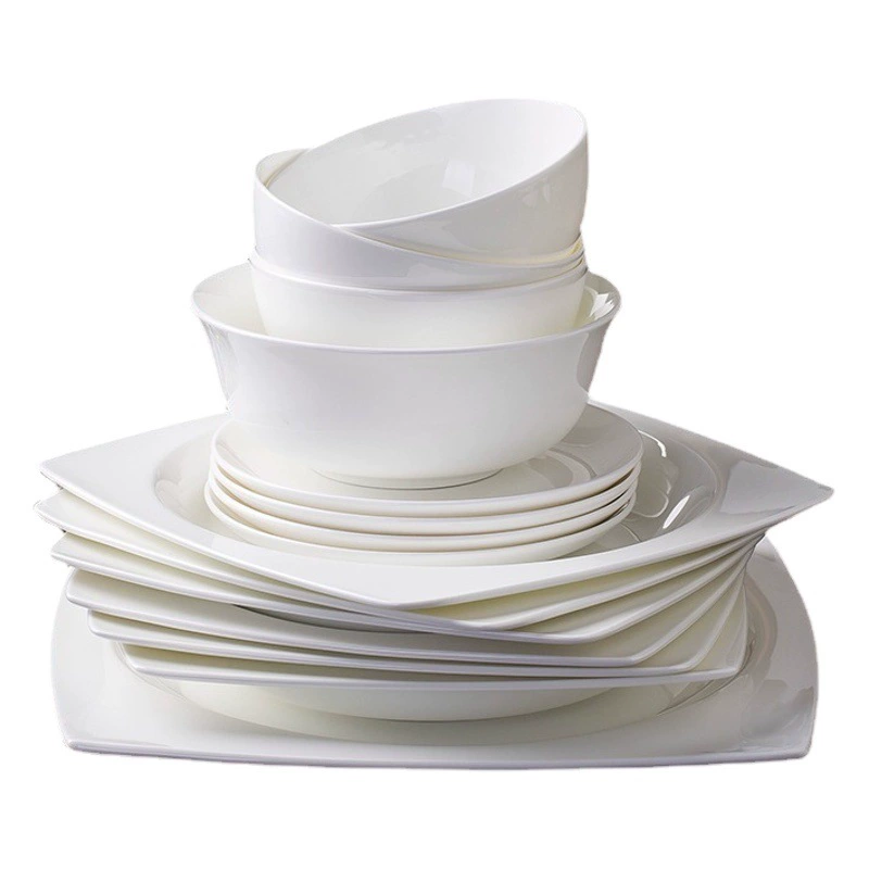 Фарфоровые тарелки, миски и ложки с цветным подглазурным декором, квадратные цельные миски и тарелки, керамическая посуда из Цзиндэчжэня, набор чисто белых мисок и тарелок для домашнего использования.