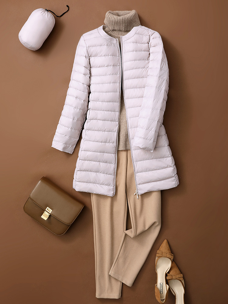 light and thin demi-season down jacket with a round collar