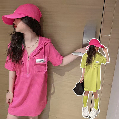 Popular girl's short-sleeve dress summer set for middle-aged children, Korean style, long-length hooded t-shirt princess dress, stylish