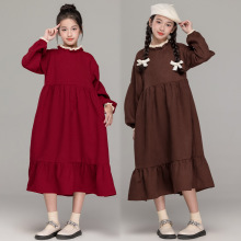 女童花边新款长袖连衣裙荷叶边纯色中大童长裙秋冬显瘦亲子装批发