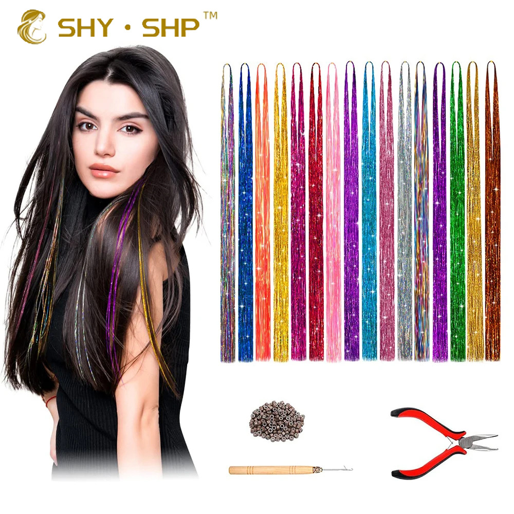 工厂现货镭射丝编发工具套装七彩无痕金丝tinselhair接发丝三片式