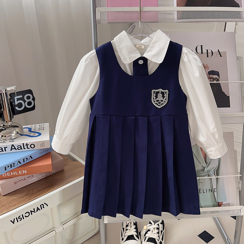 Girls' Preppy Style Vest Dress Set, New Spring and Autumn Dress Tq556