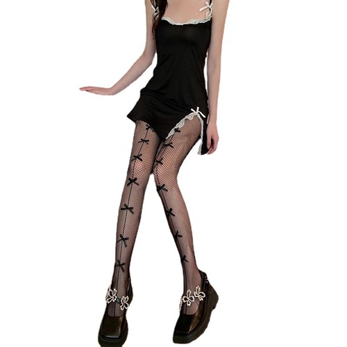 7个蝴蝶结网袜女薄款前后两穿连裤袜网格镂空纯欲渔网袜性感黑丝