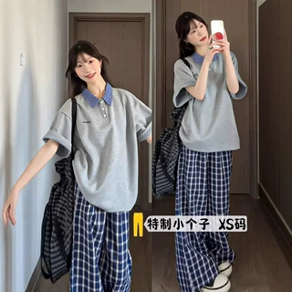 145cm蓝色格纹格子裤女生高腰垂感夏季休闲宽松小个子150遛弯阔腿