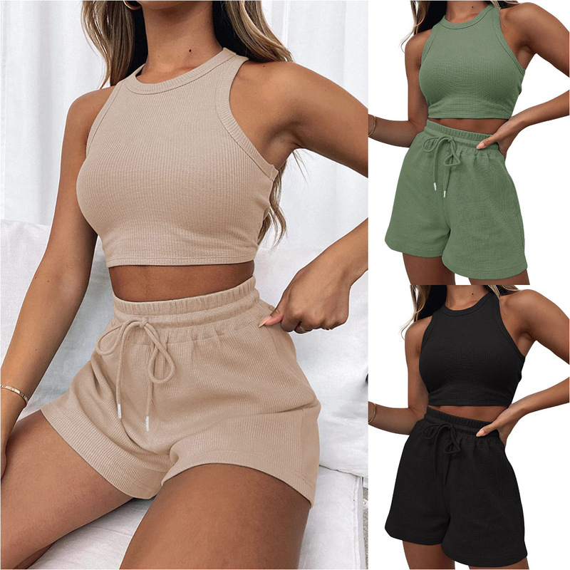 2025 Cross-border Summer New Sleeveless Waffles suit Solid Color Vest Fashion Casual Short 2-piece Set for Women