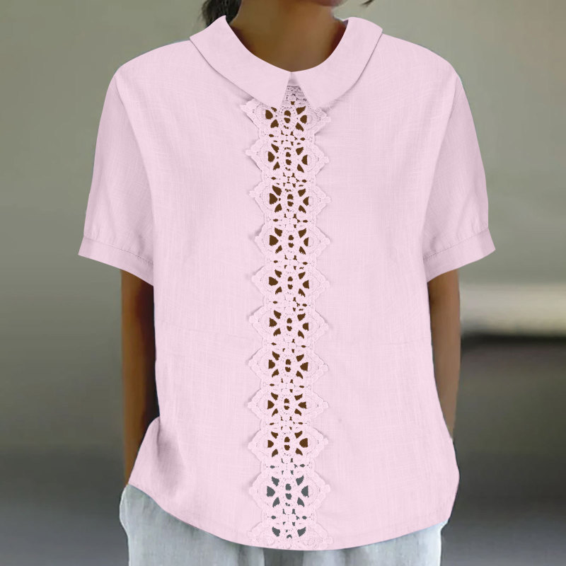 綿麻の網のレースの独立した駅の新型のゆったりした襟のシャツの女性の半袖の上着のtシャツをつなぎ合わせます。|undefined