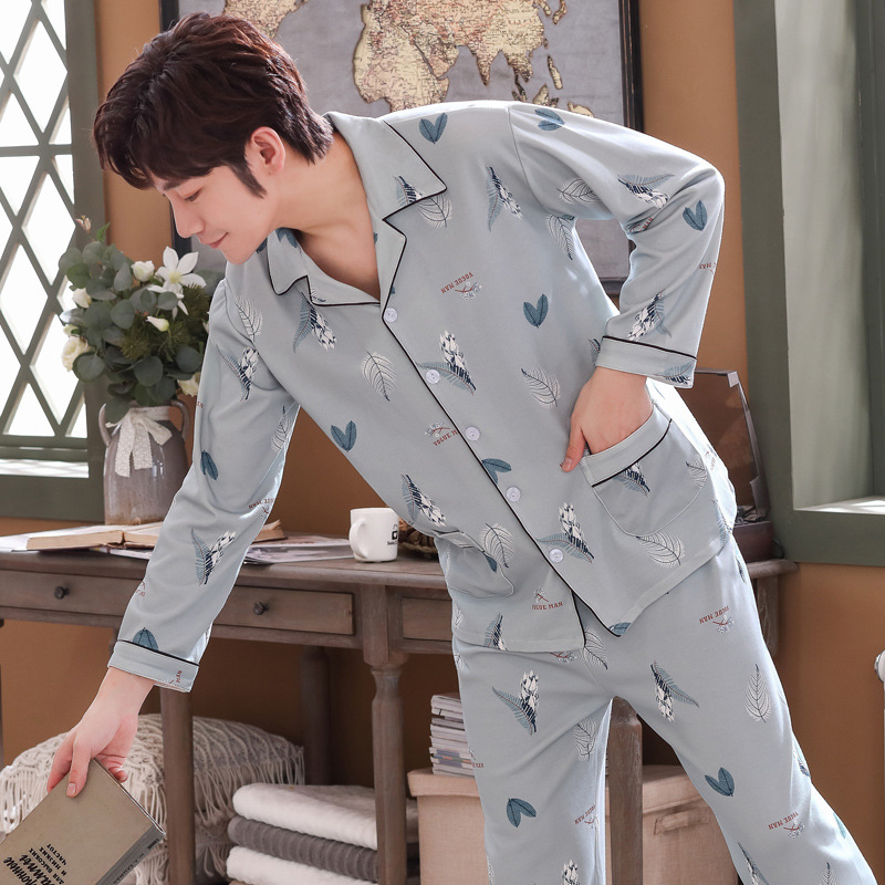 Pijamas de los hombres de manga larga de algodón de primavera y otoño delgada más el tamaño de prendas de vestir exteriores de los hombres pijamas de invierno homewear