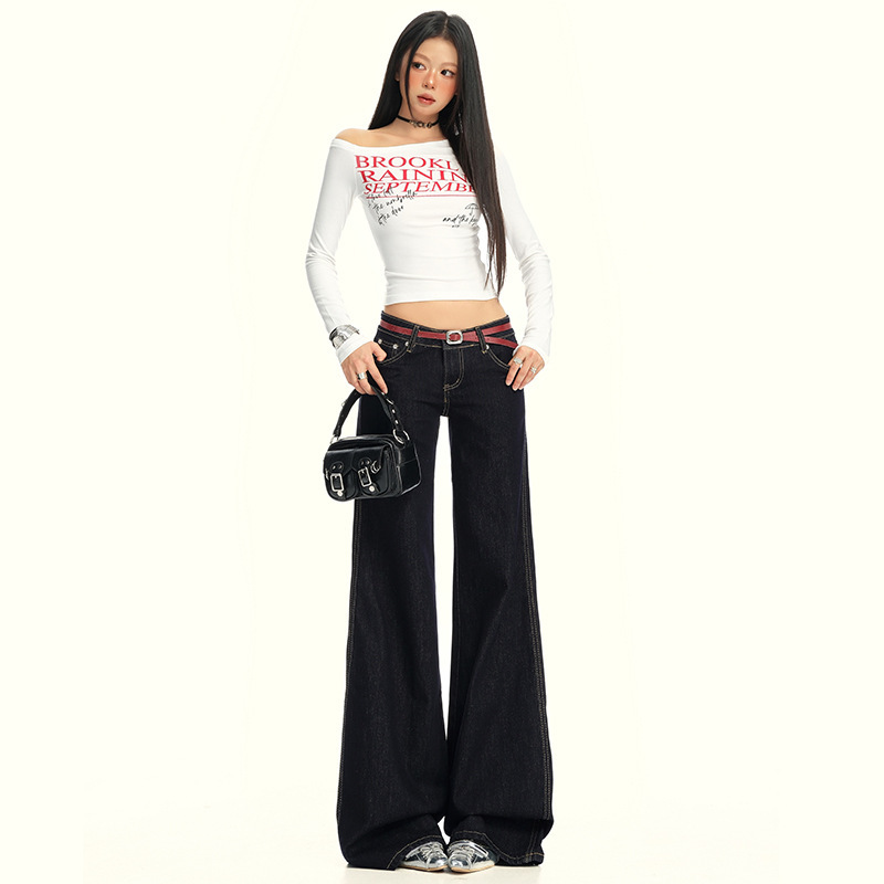 American Retro Back Pocket Embroidered Jeans Low Waist Slimming Loose Fit Not Tight Leg Flared Floor-Length Pants