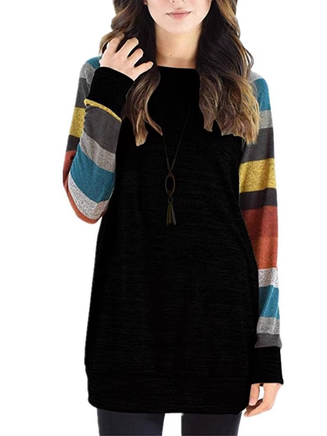 Amazon Cross-Border Best-Selling Plus-Size Spring and Autumn Women's Round-Neck T-Shirt, Loose Striped Print Raglan Sleeve Casual Sweatshirt