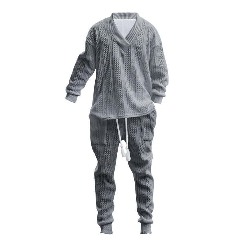 2023 neue Casual Hosen V-ausschnitt Vielseitig Jacquard Strick männer Herbst Set_voghion.com