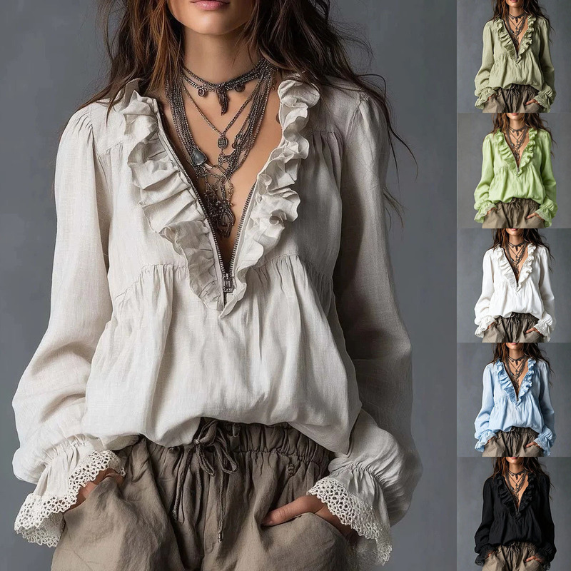 2026 European and American Cross-Border Ruffle Top, Half-Zip V-Neck Lace Bell Sleeves, Loose Bohemian Long Sleeves