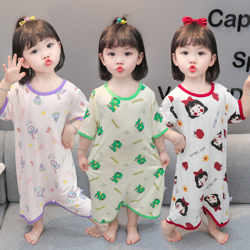 女童睡衣夏季薄款女宝宝艾草连体家居服儿童爬爬服小童夏装空调服