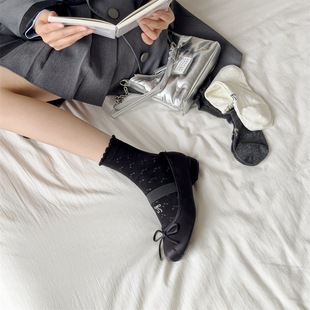 Forest Style Cream Bow Socks for Women in Spring and Summer, Cute and Sweet jk Style Mid-calf Socks, Cut Out Breathable Cotton Pile Socks