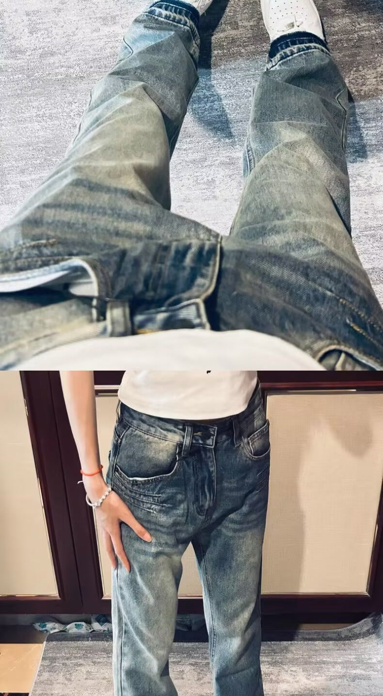 Teen Washed Denim Jeans American Style Summer Trendy Unisex High Street Loose Straight Leg Pants mid Waist Blue Long Non-Stretch_mkmklike.com