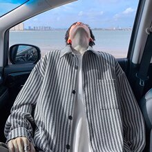 条纹衫男长袖秋冬日系薄款打底衬衣韩版潮流休闲百搭情侣外套