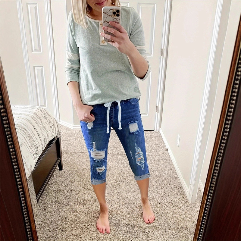 Dark Blue Women's Fashionable Ripped Denim Cropped Pants, Stretchy Slim Jeans, Suitable for Daily Work Clothing