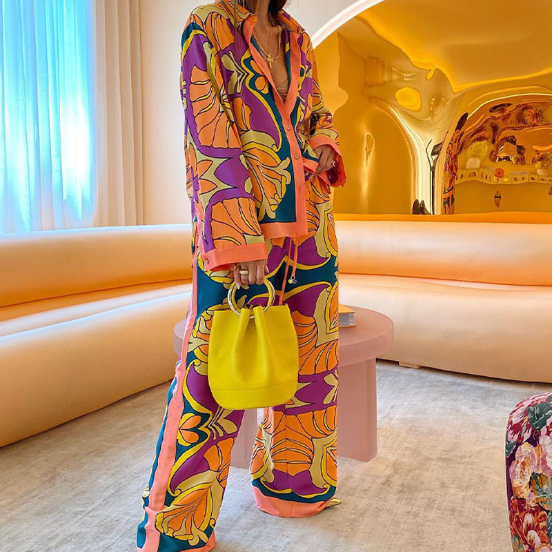 2024 European and American Women's Cross-border Summer Oversized Printed Long Sleeved Shirts, Ethnic Style Pants, Casual Fashion Sets_voghion.com