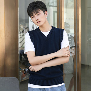 Men's Pure Cotton Knitted Vest Spring and Autumn Youth Men's Sleeveless Solid Color V-neck All-match Casual Vest Knitted Sweater for Men