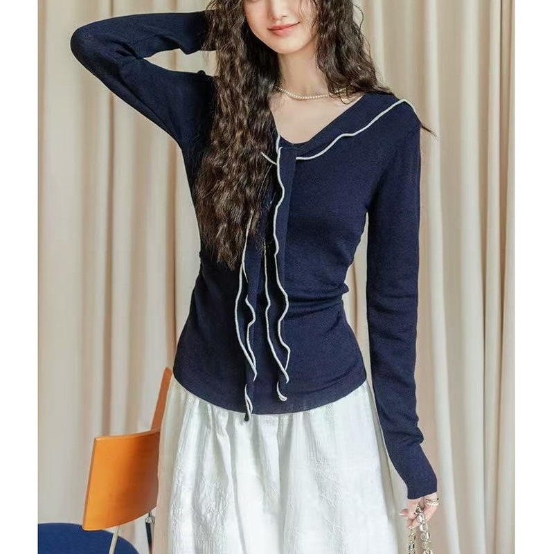 Blue V-Neck Navy Collar Long-Sleeve Knit Top for Women Early Autumn Sweater Korean Style