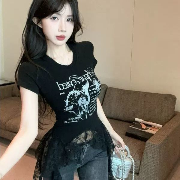 French Sexy Style Lace Splicing Short-Sleeved T-Shirt for Women Summer New Slimming Look Letter Printed Outer Top