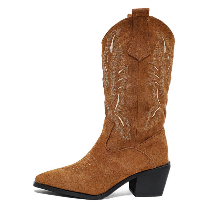 Новые демисезонные сапоги 2025 года с V-образным вырезом и вышивкой, в стиле ретро, средней длины, с острым носком, на массивном каблуке, для верховой езды, трансграничная продажа