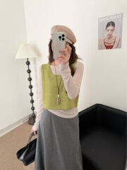 韩系清新甜美简约优雅高级感圆领长袖针织衫休闲百搭修身显瘦背心