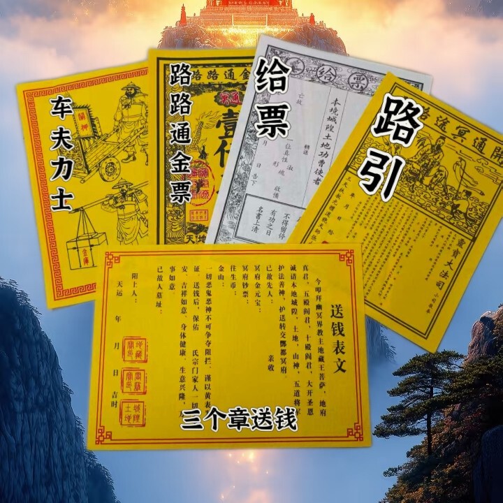 Yellow Paper Road Guide for the Deceased, Offering Tickets for Ancestor Worship during the Mid-Autumn Festival and Qingming Festival, Ancestor Money Gift Set with Printed Document
