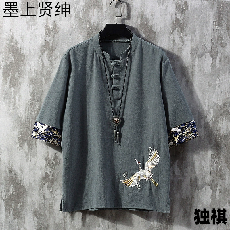 Льняная футболка с короткими рукавами мужская вышивка в китайском стиле летом большой размер тонкая свободная китайская куртка