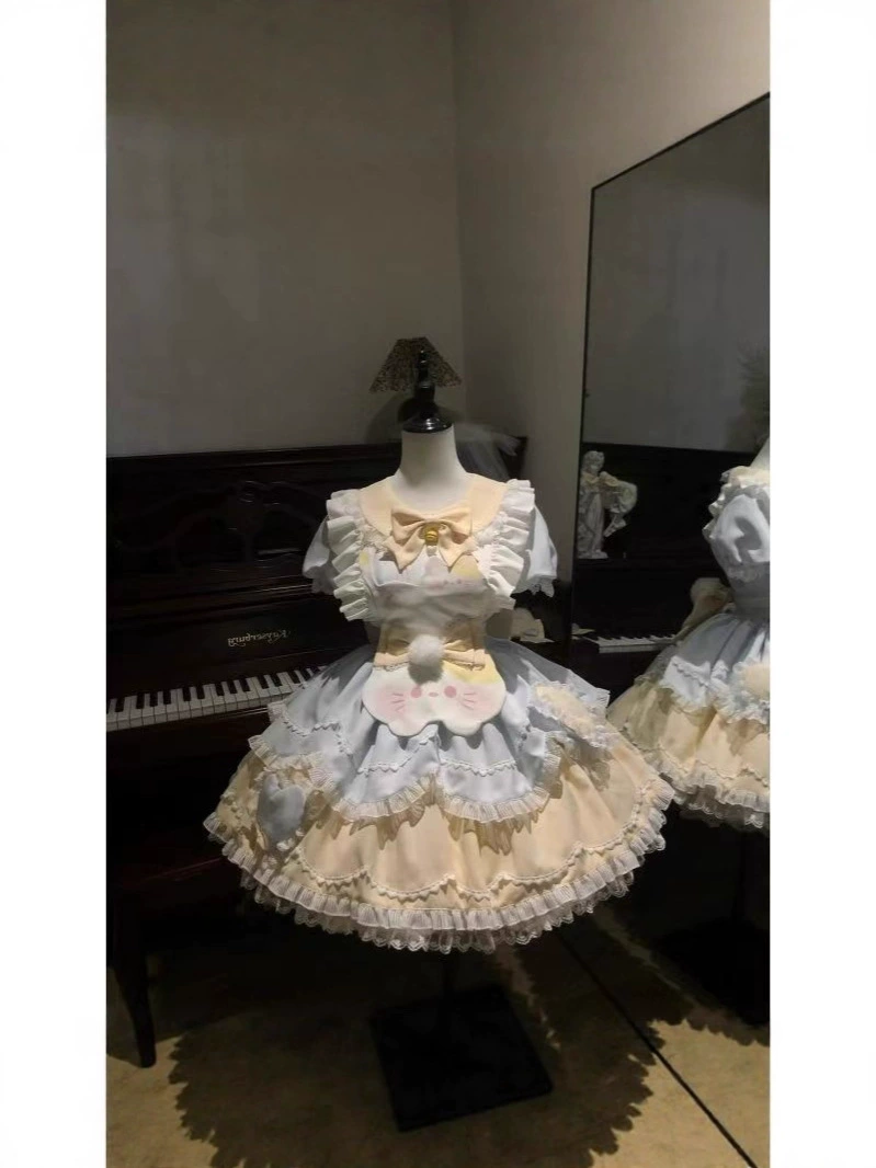 Платье lolita OP, милое свежее с короткими рукавами, пастельные рюши розово-голубое (женское)