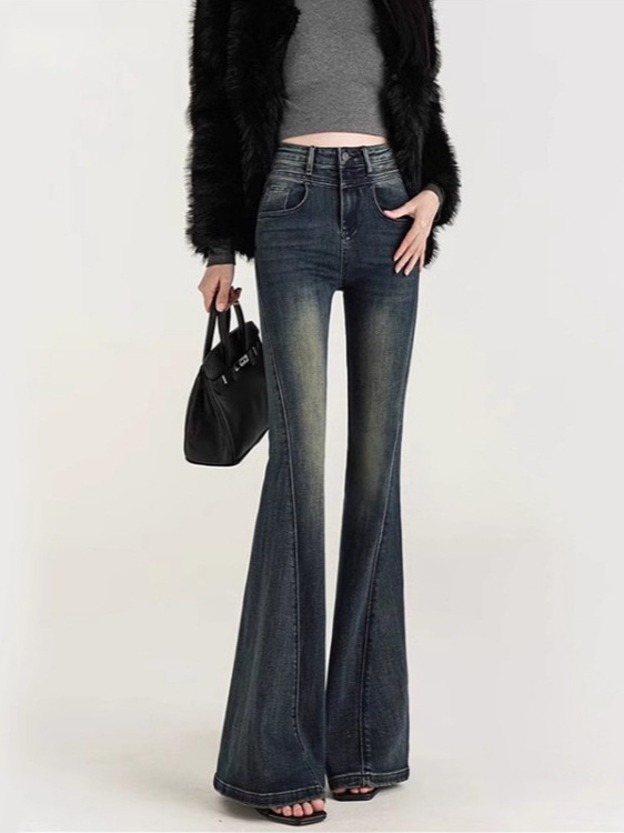 Elastic retro design denim demi-season universal flared trousers
