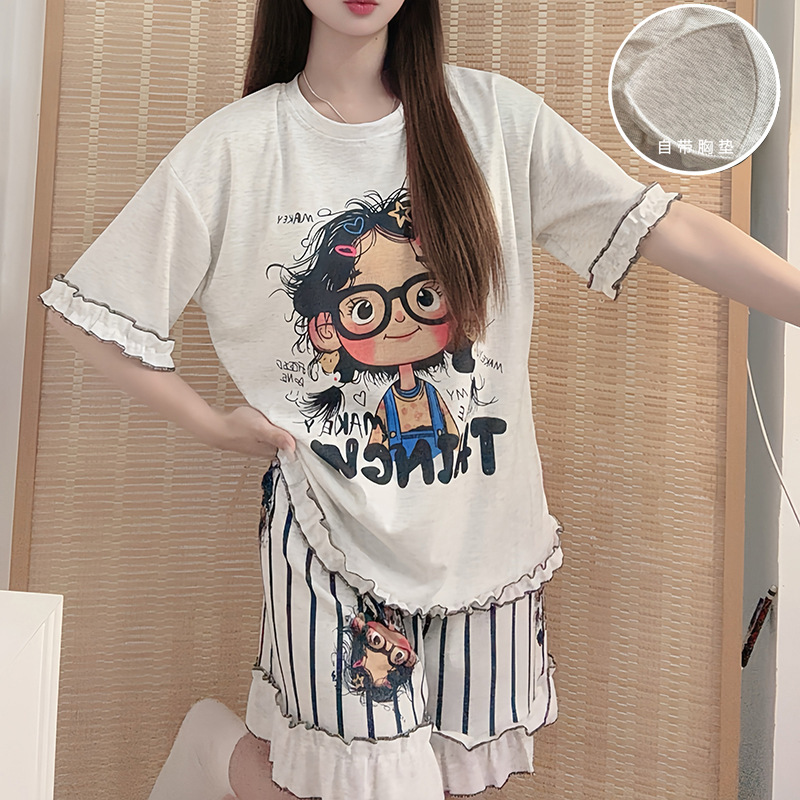 Cartoon Striped Pajamas for Women, Summer Thin Style, Large Size Pullover Short-Sleeve Set, High-End Feel, Cross-Border Homewear, Cute for Outerwear Cartoon Striped Pajamas for Women, Summer Thin Style, Large Size Pullover Short-Sleeve Set, High-End Feel, Cross-Border Homewear, Cute for Outerwear