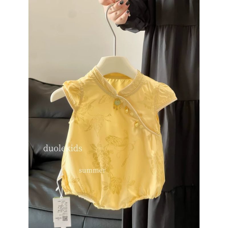 人丝婴儿旗袍爬服短袖包屁衣夏季女宝宝百天周岁礼服灯芯绒三角爬|undefined