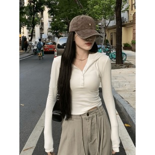 2025 New Slim Fit White Hooded Long Sleeve Shirt Women's Spring Hot Girl Temperament Short Bottoming Shirt Top