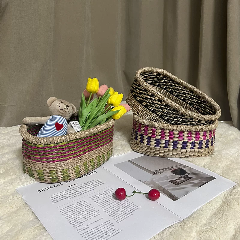 Соломенная плетёная корзина для закусок, фруктов и овощей, пикниковая корзина, декоративная корзина, настольное хранение косметики