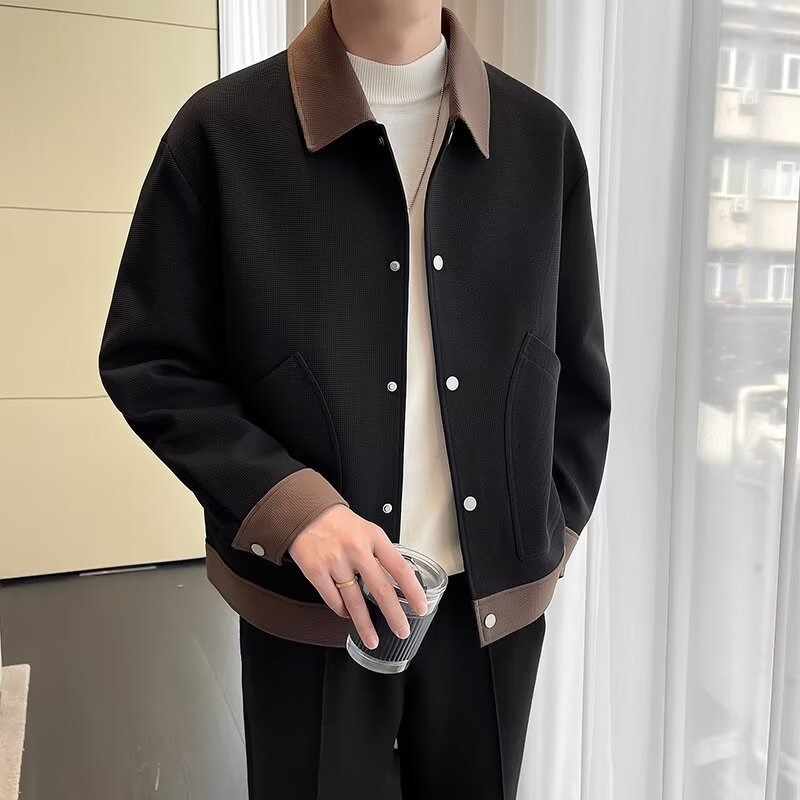 Hochwertige koreanische Version mit kontrastierendem Kragen für Herren-Herbst-Winter-Oberteile, leichter reifer Stil, Farbblockierung, lässig und_voghion.com