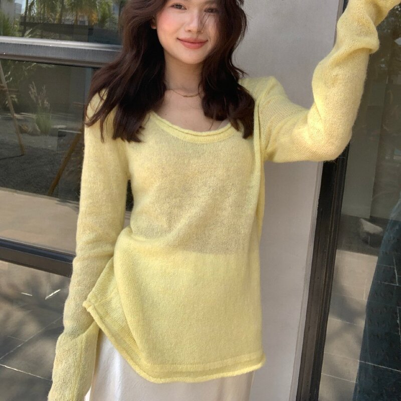 The Limon Lemon Green Tea Gentle Style Rolled Edge U-Neck Knit Sweater for Women Early Spring 2026 Outerwear Sweater Top