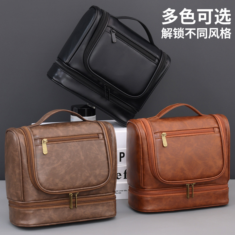 Bolsa de lavado para hombres de gran capacidad colgante de doble capa transfronteriza, bolsa de almacenamiento de cosméticos de separación seca y húmeda portátil para viajes de negocios