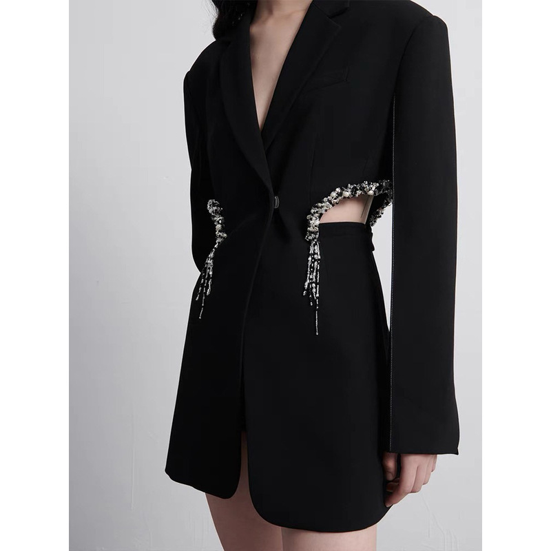 Niche Design Sense Diamond-encrusted Hollow Suit Jacket 2024 Autumn New Korean-style Waist Slimming Fried Street Small Suit