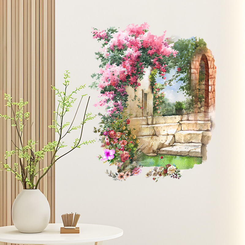 跨境绿植窗户墙贴装饰风景贴画自粘壁纸餐厅卧室风景背景墙贴装饰|undefined