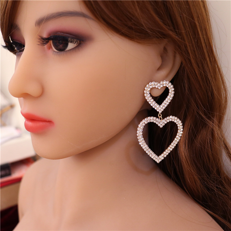 Europe And The United States Trendy Shiny Rhinestones Long Double Heart-shaped Earrings display picture 4