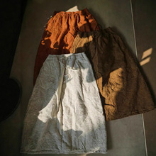 冬季新款 高级感文艺复古 提花亚麻加棉松紧腰抽绳宽松半身棉裙