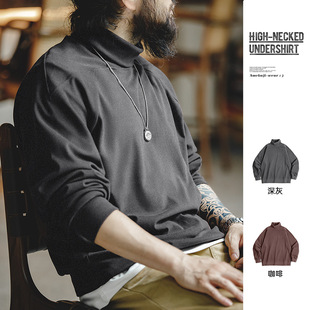 Madden Tooling American Style Vintage Faux Velvet Base Shirt High Neck Brushed Warm Stitching Inner T-Shirt Men's Autumn