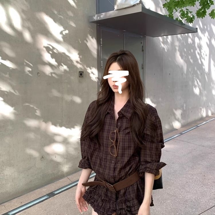 2025秋季新款韩系设计感高级感百搭纽扣木耳边格纹长袖衬衫上衣女|undefined