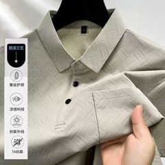 夏新作マルベリーアイスシルク半袖Tシャツポロシャツ中年男性ラペルリアルポケットジャカードダッドトップ