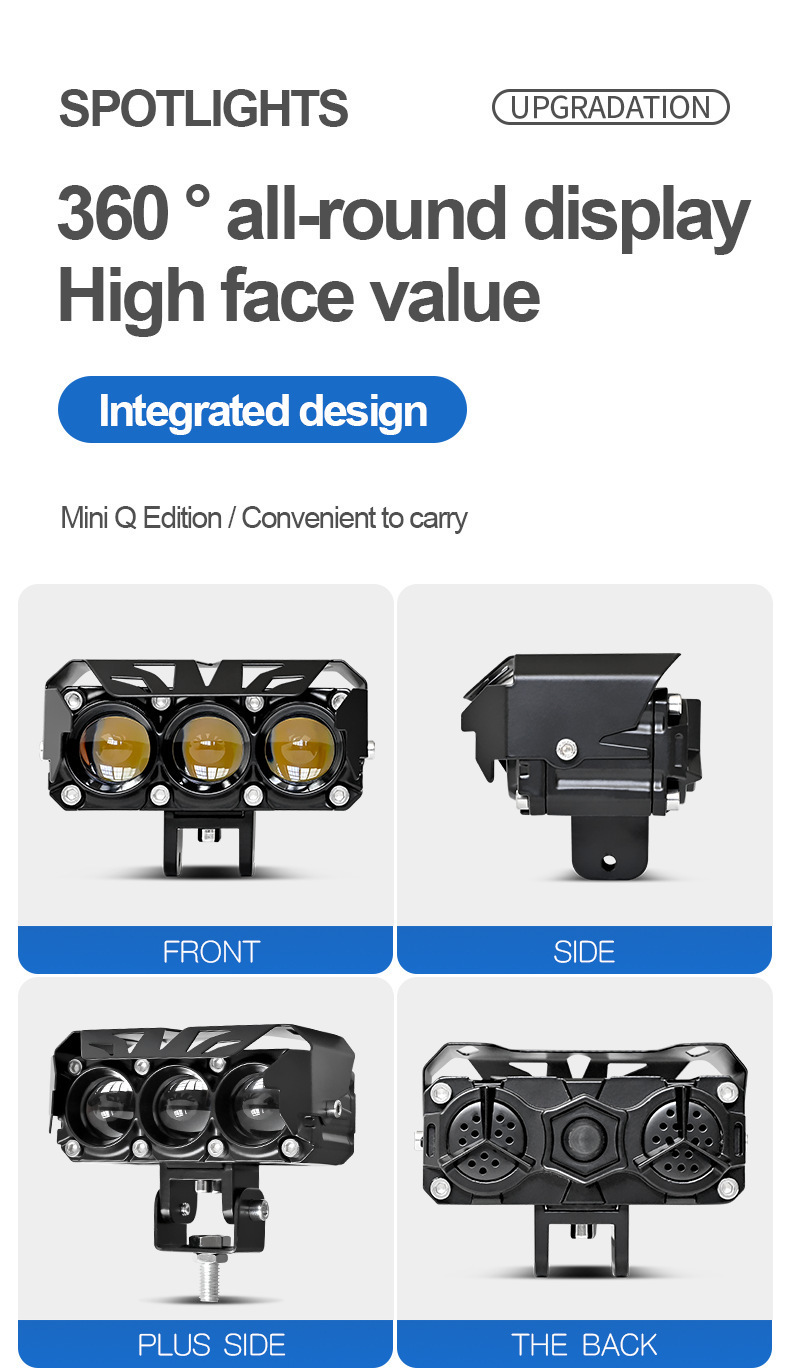Motorcycle Spotlight with Three Lenses, Fan, Dual-Color Led Headlight, High and Low Beam, Super Bright Electric Motorcycle Headlight