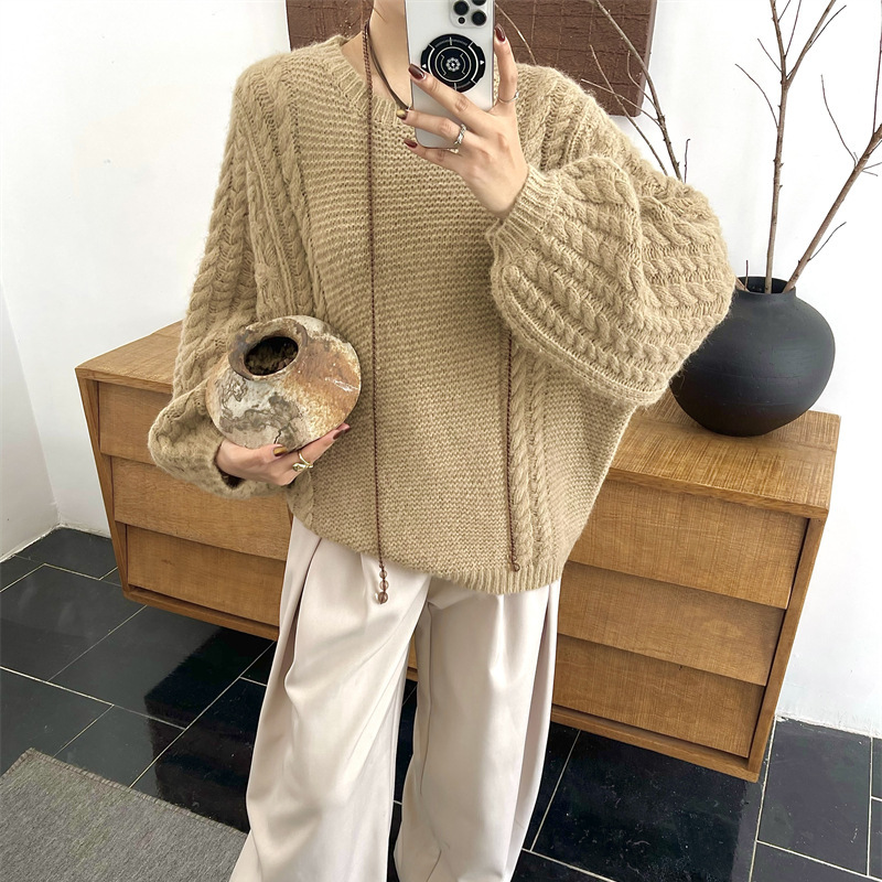 【实拍】羊毛厚实中长款麻花套头毛衣女宽松韩版慵懒粗线针织上衣