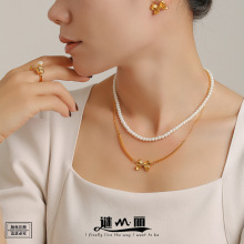 跨境热销蝴蝶结项链耳环复古甜美公主叠戴贝珠锁骨链钛钢镀金套装